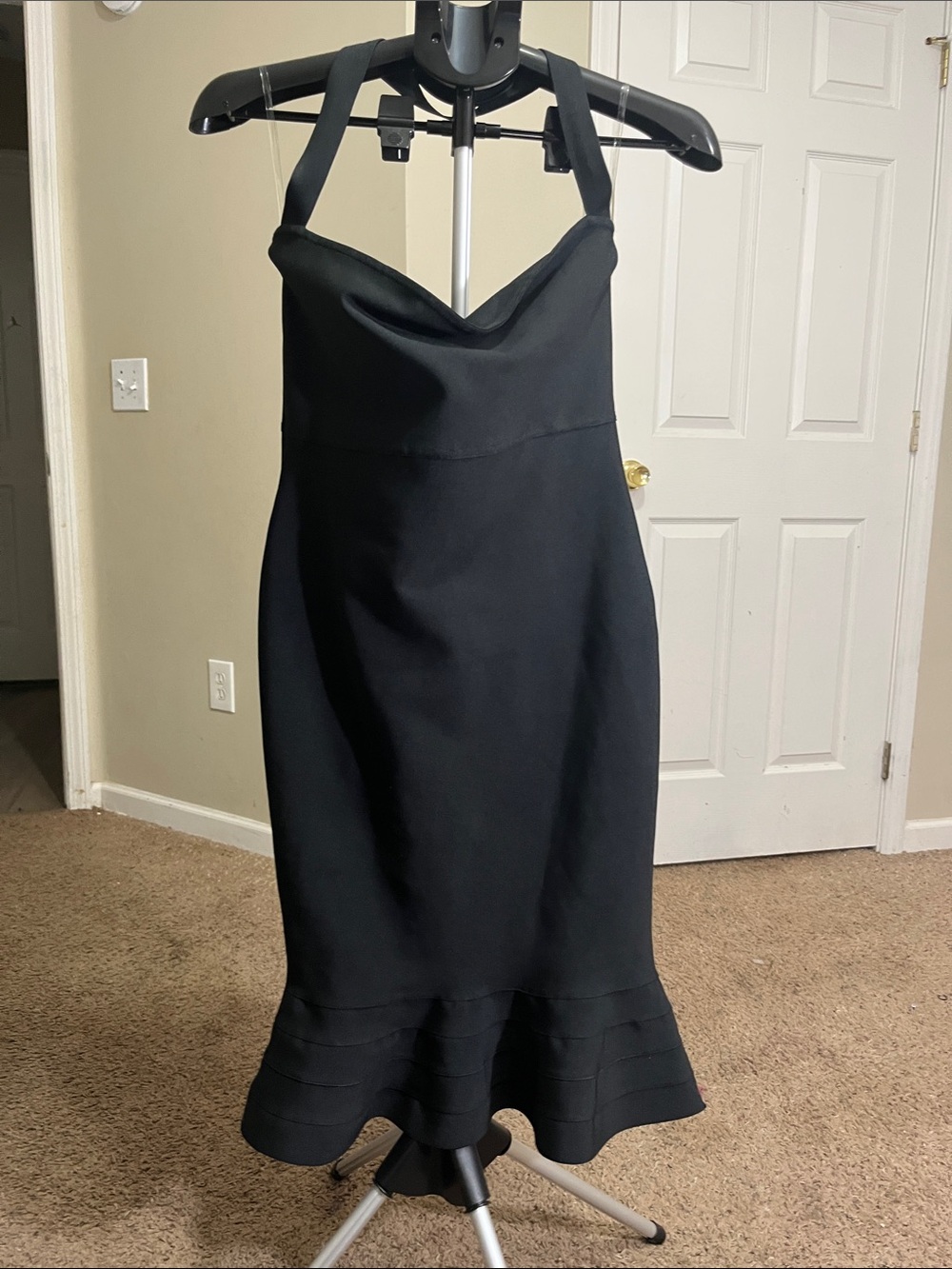 Classic Black Halter Midi Dress with Flared Hem